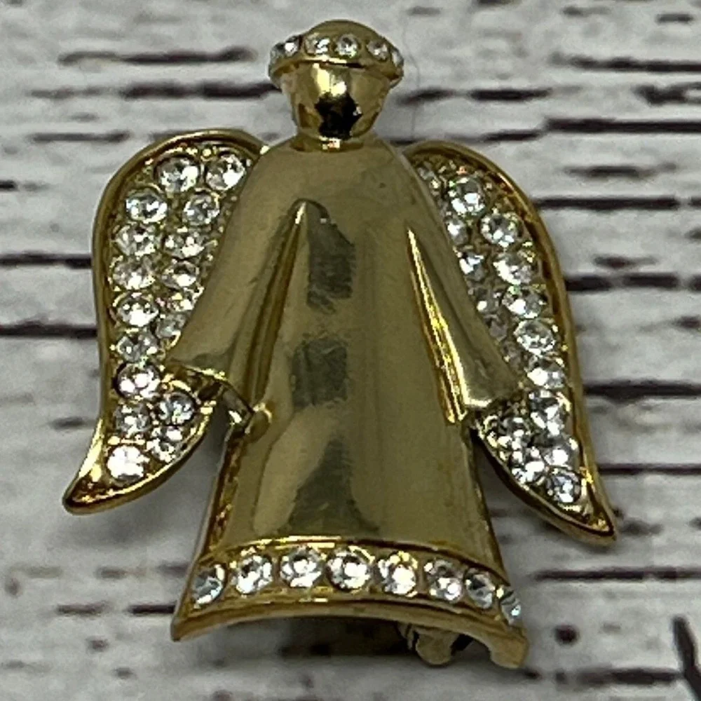 Vintage Monet‎ Angel Brooch Gold Tone Crystal Accent Pin